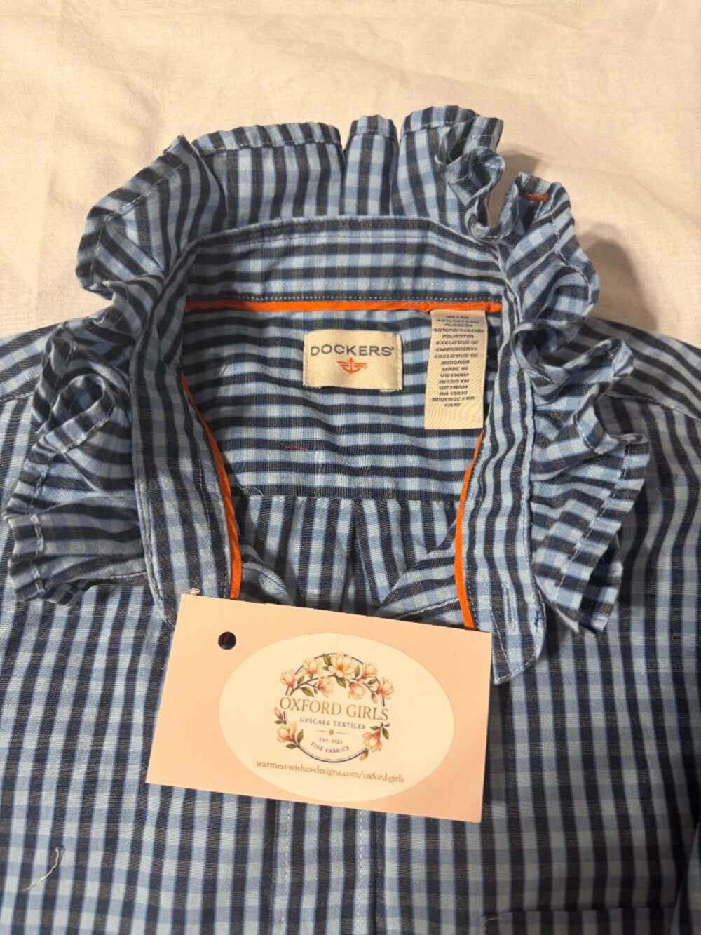 Upcycled Dockers Blue & White Gingham Ruffle Collar Blouse | Women’s Size Large